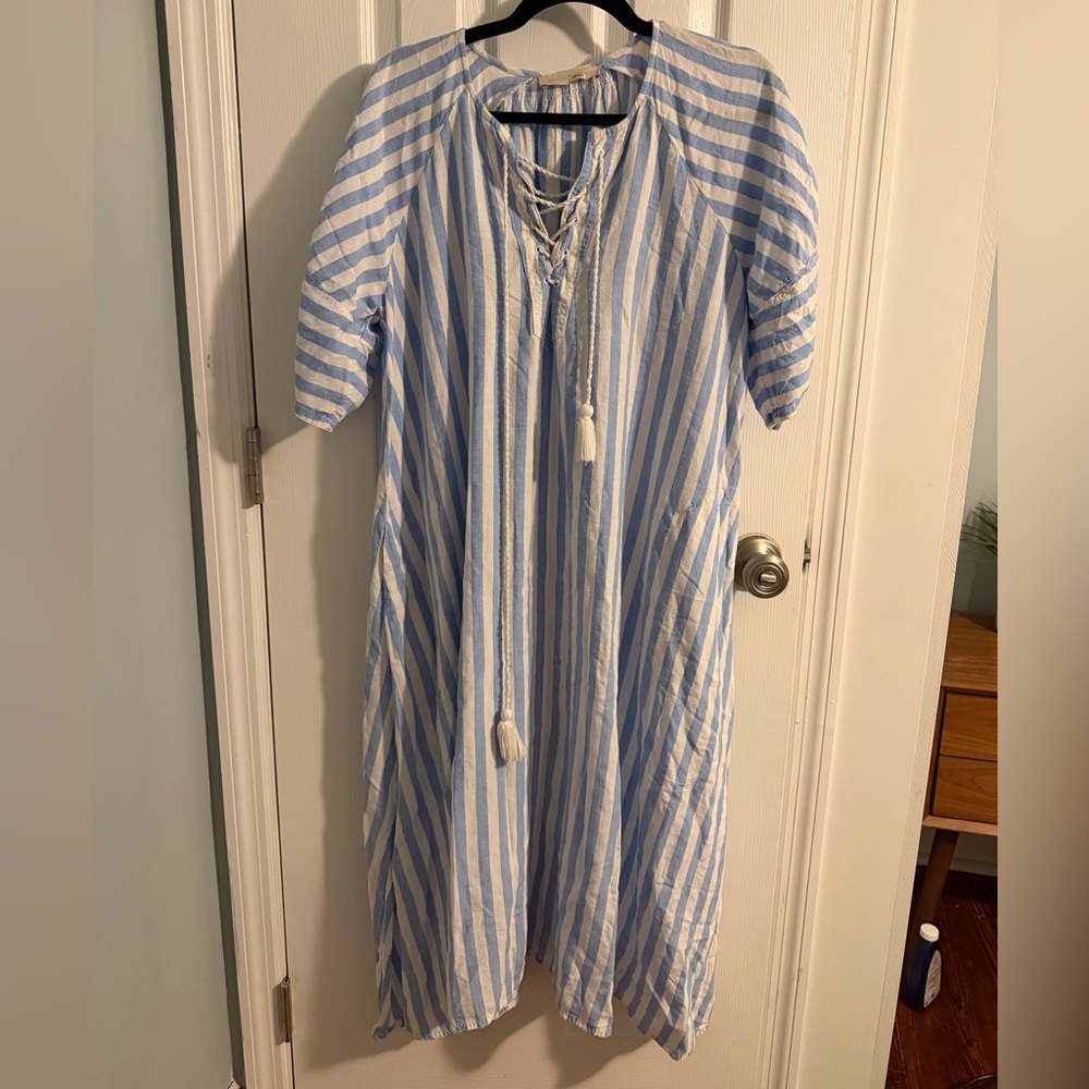 Vanessa Bruno Light Blue & White Striped Maxi Dress with Tassel Tie